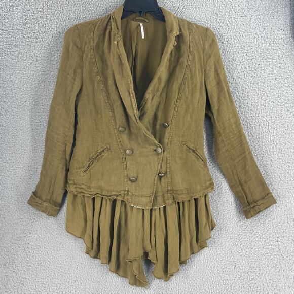 Free People Jacket Womens XS Brown Linen Ruffle Hem Double Breasted Boho Blazer - Picture 14 of 16